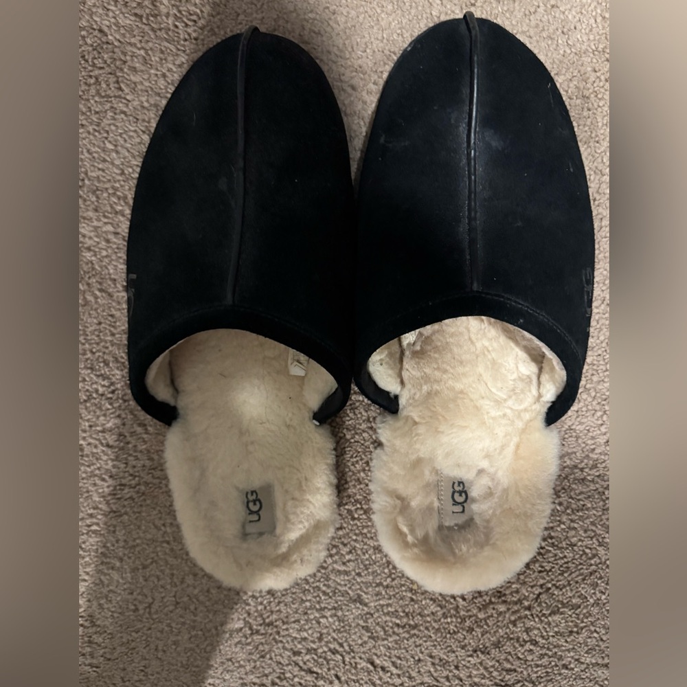 UGG Black Suede Slippers with Cream Shearling